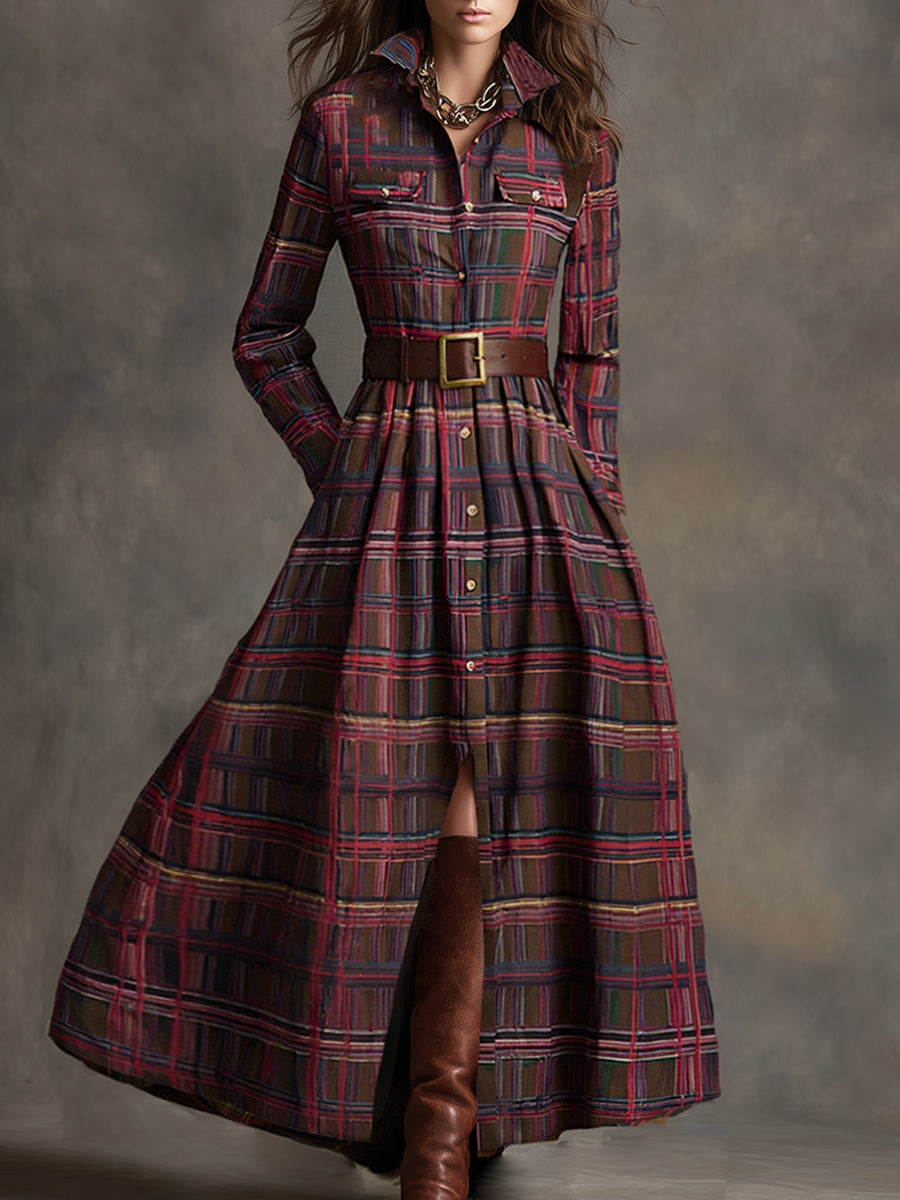 Retro Ethnic Style Lapel Reddish Brown Plaid Maxi Dress - Seldom Seen Styles