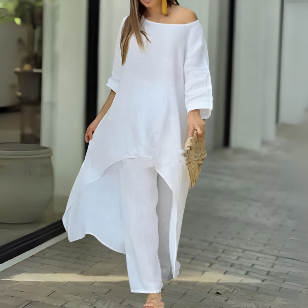 Womens Two Piece Set Dress Suit for Women Long Sleeve Cotton Linen Irregular Solid Crewneck Daily Wear Summer Set - Seldom Seen Styles