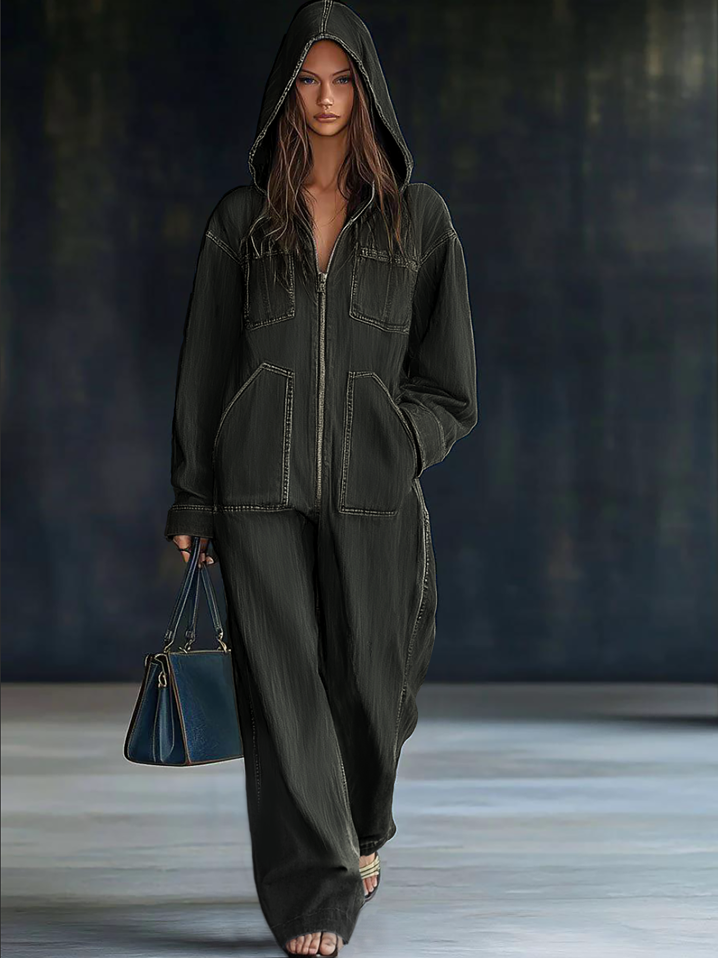 Casual Loose Retro Pocket Long Sleeve Hooded Zipper Denim Jumpsuit - Seldom Seen Styles