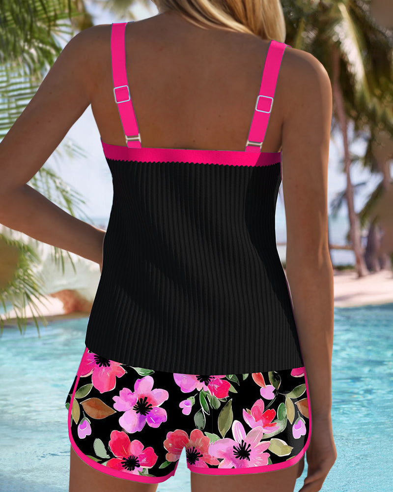 Women's Tummy Control Tankini Set Floral Shorts Swim
