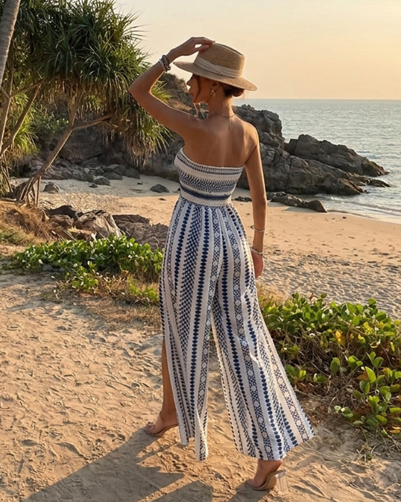 Women's Strapless Smocked Boho Jumpsuit Wide Leg High Slit Flowy Beach Vacation Summer Outfit