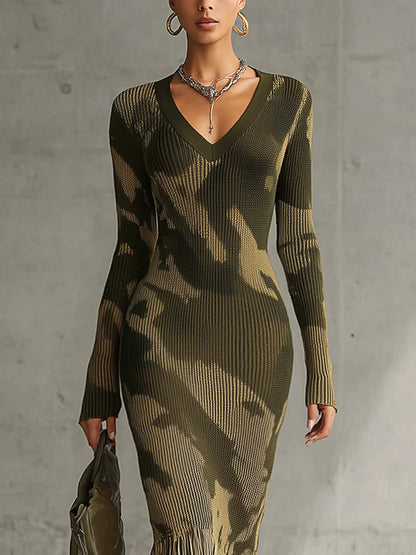 Olive Camo Knit V-Neck Fringe Hem Midi Dress