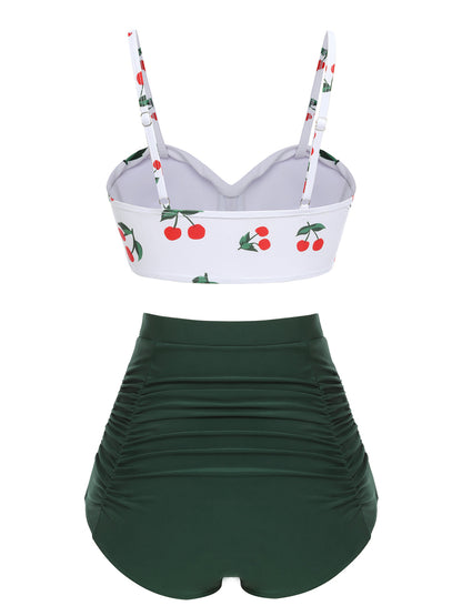 Ensemble bikini 2 pièces, bretelles spaghetti, motif cerises, style années 50