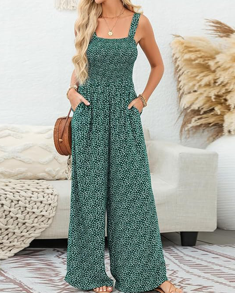 Women's Floral Smocked Wide-Leg Jumpsuit – Sleeveless Summer Romper with Pockets - Seldom Seen Styles