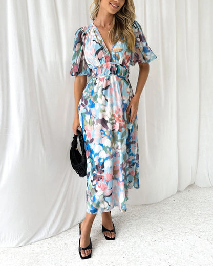 Women's Elegant Floral Maxi Dress - Boho Long Flowy Summer Dress with V-Neck, Lonesleeve Beach Wedding Guest Sundress for Women