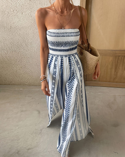 Women's Strapless Smocked Boho Jumpsuit Wide Leg High Slit Flowy Beach Vacation Summer Outfit