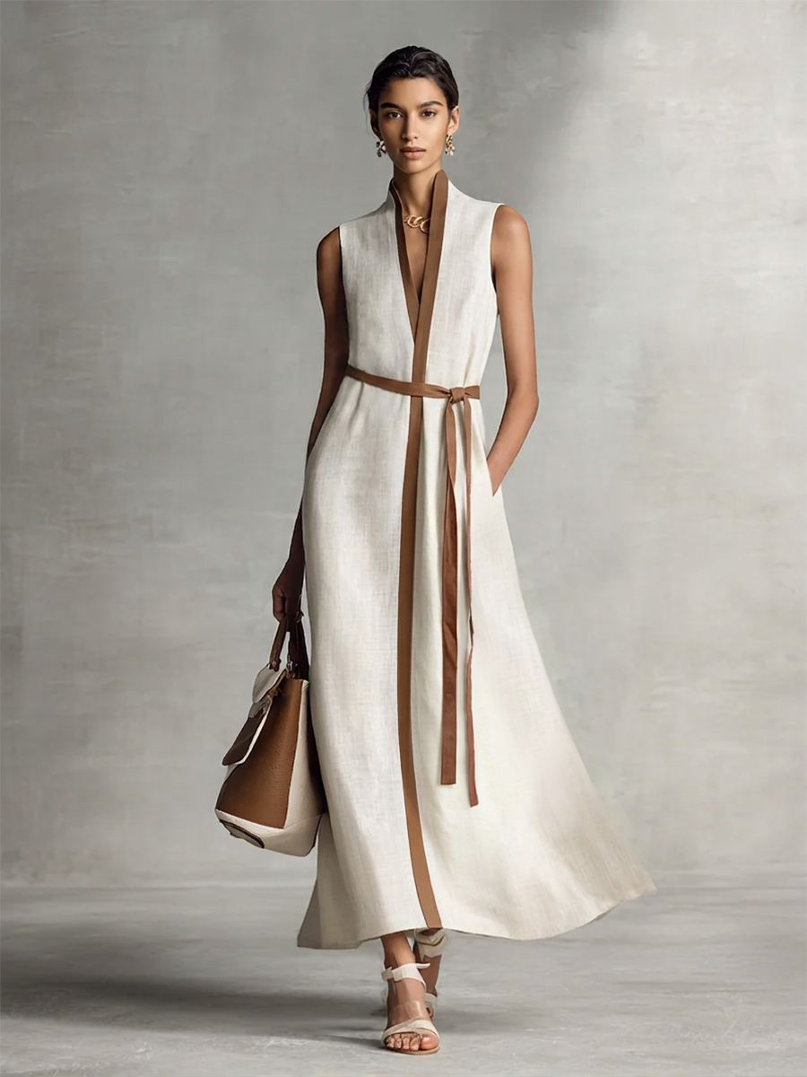 Women's Sleeveless V-Neck Tie-Waist Cotton Linen Maxi Dress MDZ1153B7BA - Seldom Seen Styles