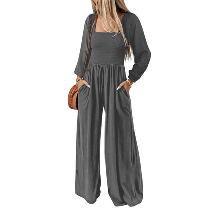 Women's Plain Ruched Shirred Pocket Wide Leg Jumpsuit, Casual Bishop Sleeve Square Neck Jumpsuit for Spring & Fall, Ladies Clothes for Daily Wear
