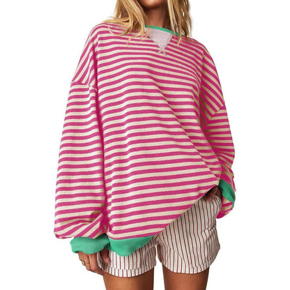 【Up To 3XL】Fisace Christmas Womenswear Striped Oversized Sweatshirt Color Block Crew Neck Long Sleeve Shirt Casual Loose Pullover Top Y2K Clothes back to school