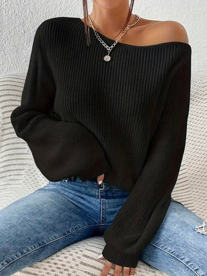 Women's Minimalist Solid Drop Shoulder Asymmetrical Neck Knit Top