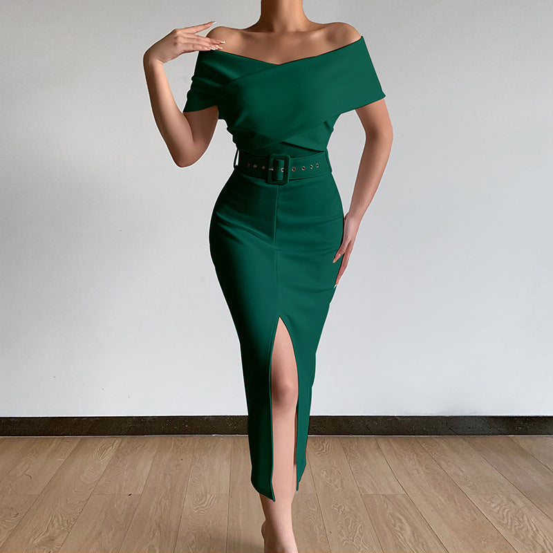 2024Spring and Summer New Elegant Graceful Commute Minimalist Young Europe and America Cross Border New off-the-Shoulder Belt Dress with Vents