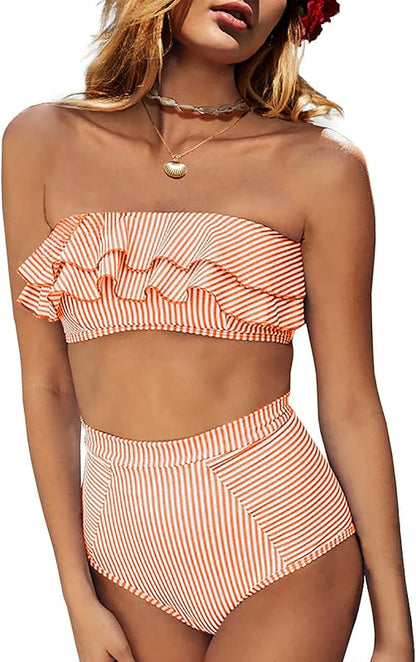 Women High Waisted 2 Piece Bikini Set Bandeau Ruffle Swimsuit Top Striped Bathing Suits - Seldom Seen Styles