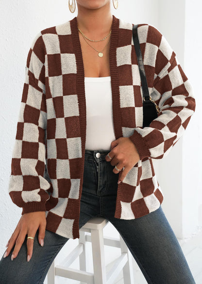 Women's Checkerboard Print Drop Shoulder Cardigan, Casual Long Sleeve Open Front Knitwear for Fall & Winter, Women's Knit Clothing for Daily Wear