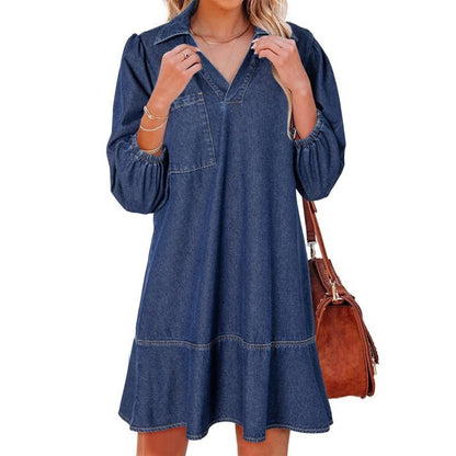 Denim Dress for Women Fashion Fall Casual Babydoll 2025 V Neck 3/4 Puff Sleeve Jean Dresses - Seldom Seen Styles