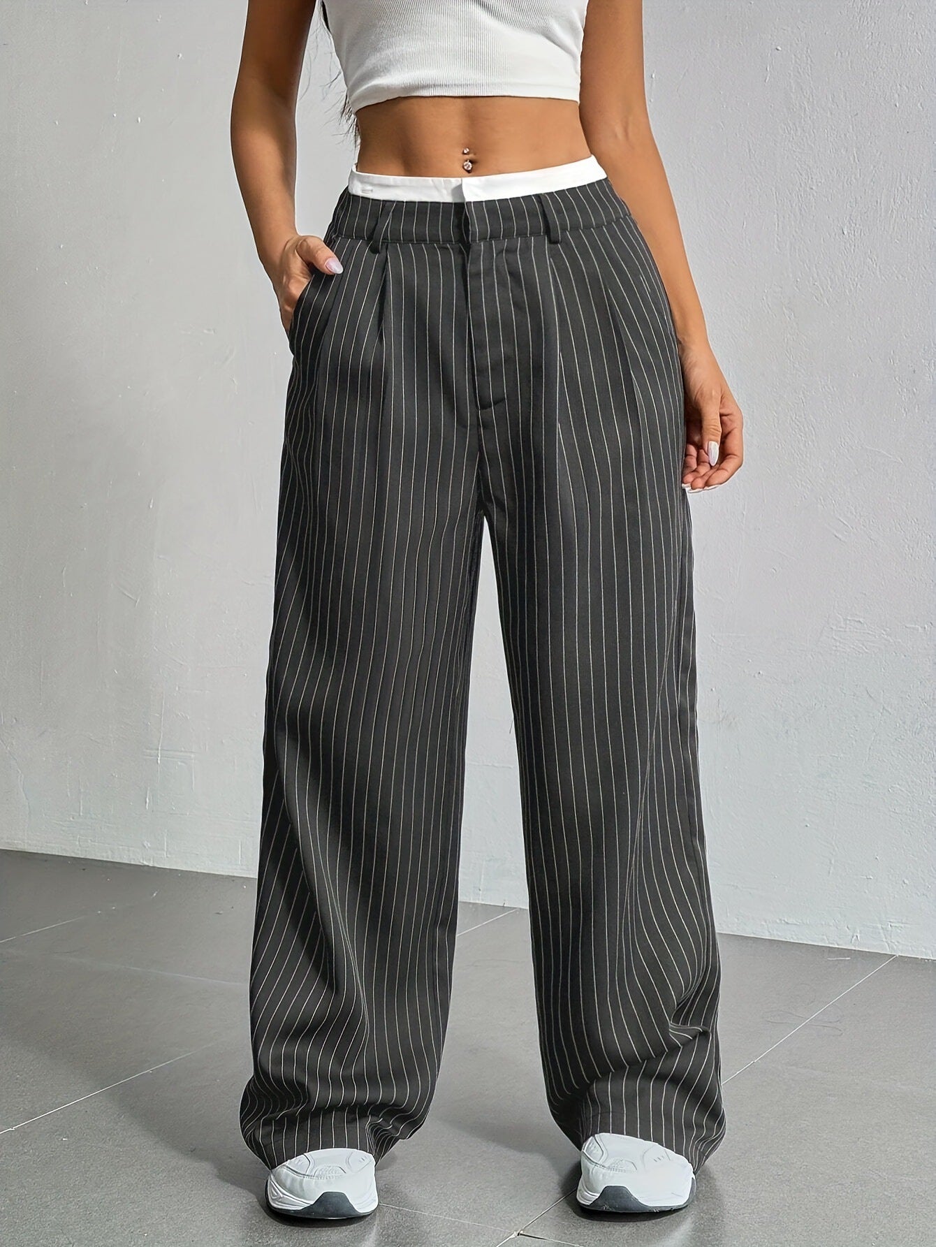 Women's Striped Pants Color Block High Waisted Wide Leg Casual Work Office Long Trousers - Seldom Seen Styles