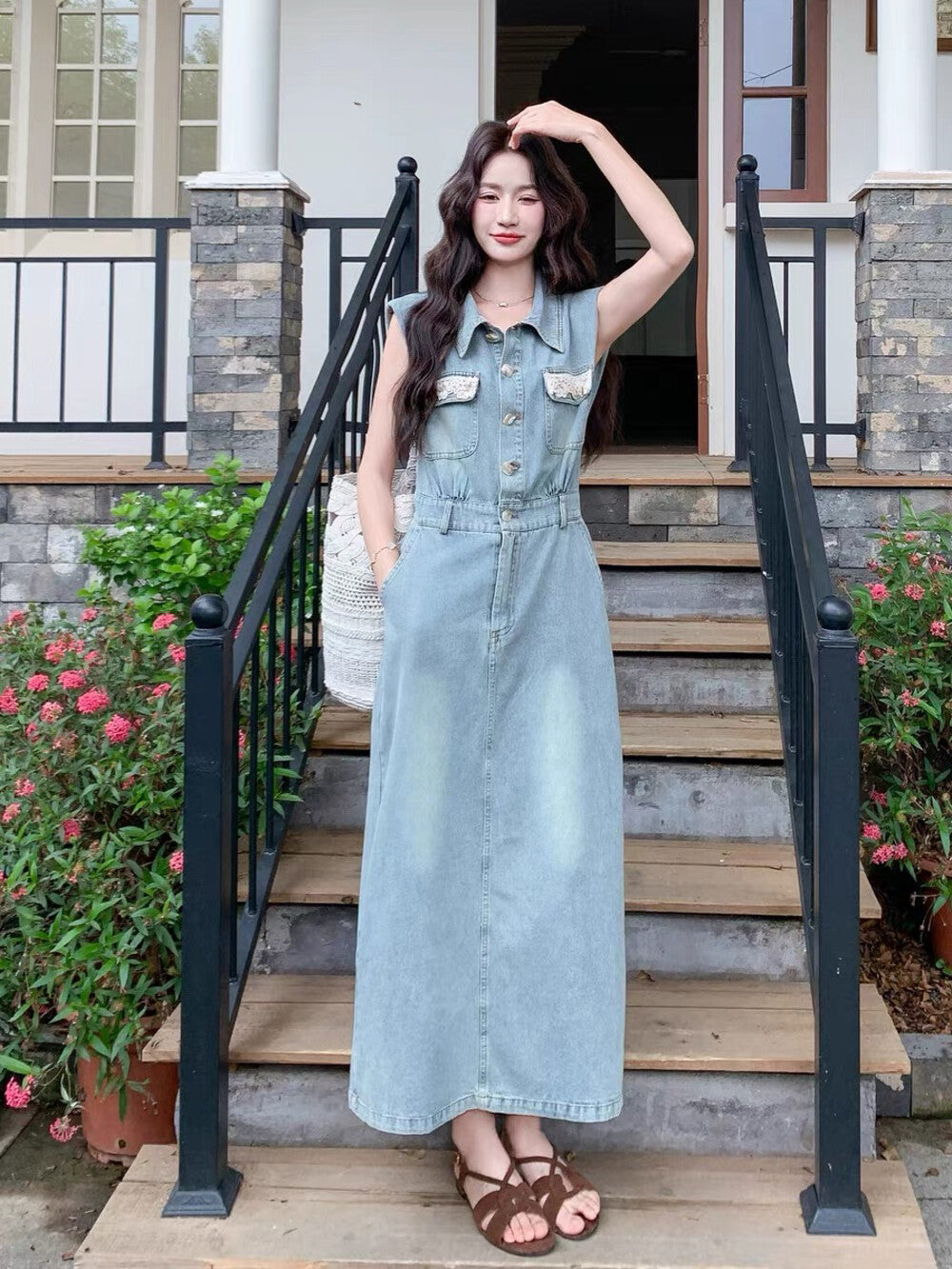 Women's Light Blue Washed Denim Sleeveless Lapel Collar Pearl Button Maxi Dress Lace Floral Chest Pockets Elastic Waist with Free Woven Tassel Waist Accessory S M L XL - Seldom Seen Styles