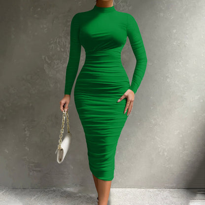 Women's Cocktail Bodycon Long Sleeve Mock Neck Mesh Ruched Midi Party Dress Formal Womenswear - Seldom Seen Styles