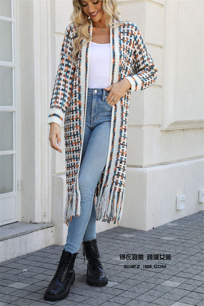 2024New Winter Clothes European and American Foreign Trade plus Size Tassel Long Cardigan Jacket Sweater Cross-Border Hot Women's Clothing Wholesale