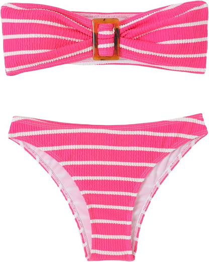 Women's 2 Piece Strapless Swimsuit Striped Bandeau High Waisted Thong Bikini Set Bathing Suit - Seldom Seen Styles