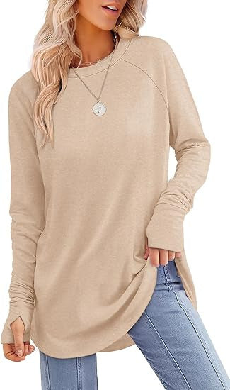 Womens Tunic Tops to Wear with Leggings Long Sleeve Thumb Hole Shirts Crew Neck Curved Hem - Seldom Seen Styles