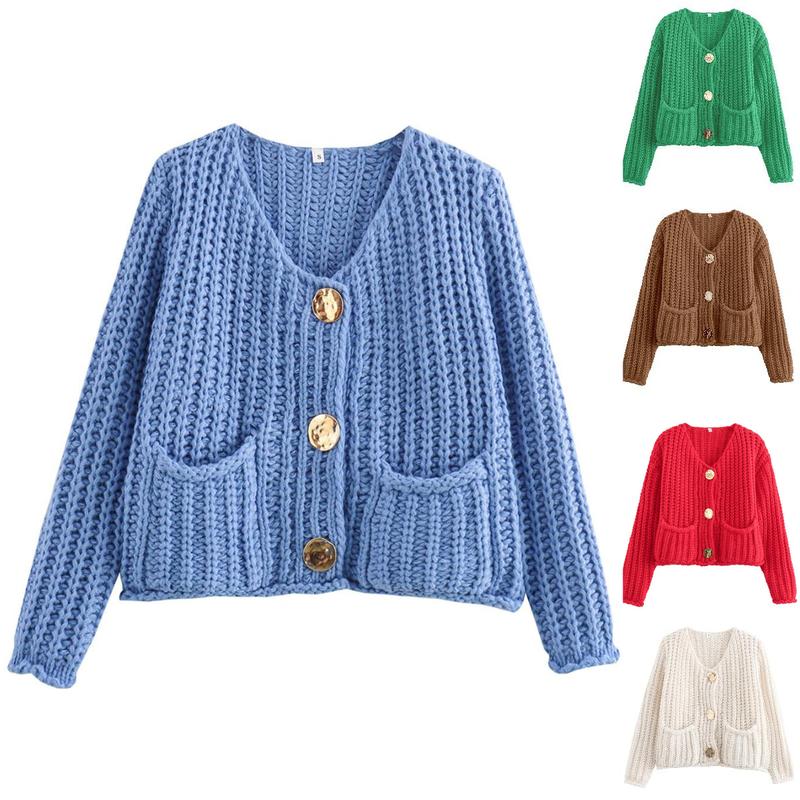 Women's Cropped Cardigan Sweater Long Sleeves Button Down Chunky Knitted Coat Knitwear