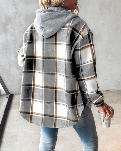 Women's Plaid / Houndstooth Print Button Front Hooded Coat, Casual Longsleeves Pocket Coat for Fall & Winter, Ladies Outerwear for Daily Wear, Womenswear