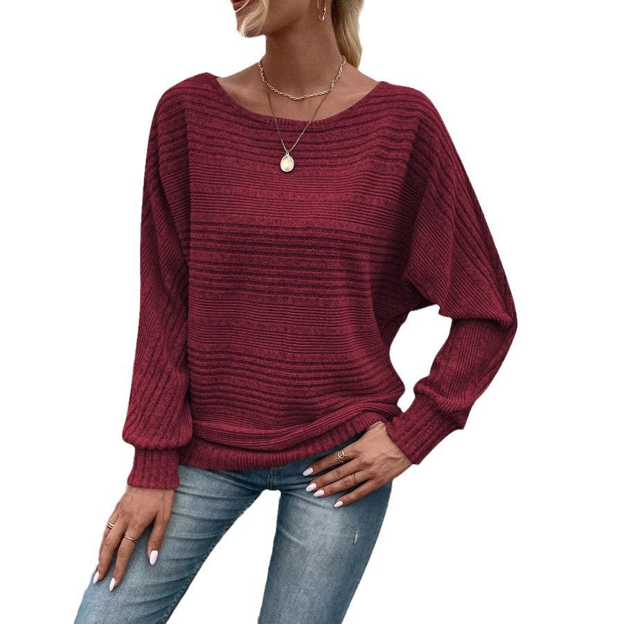 Women's Plain Round Neck Batwing Sleeve Tee, Casual Long Sleeve Crew Neck T-shirt for Fall & Winter, Fashion Aesthetic Ladies' Knit Clothing for Daily Wear - Seldom Seen Styles