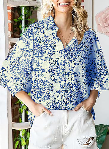 Astylish Women 2024 Loose V-Neck Shirts Paisley Print Lantern Sleeve Blouse Tops