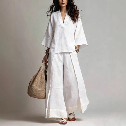 Annie's Fashion Women's Cotton-Linen V-Neck Three-Quarter Sleeve Shirt and Wide-Leg Pants Set