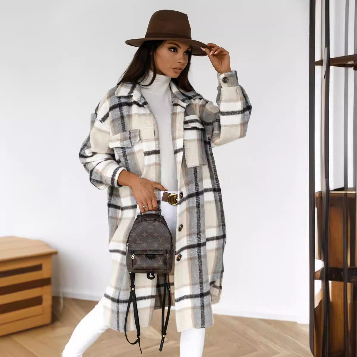 European and american hot2023ebay Amazon Winter New Women's Clothing Fashion Plaid Single-Breasted Coarse Wool Coat