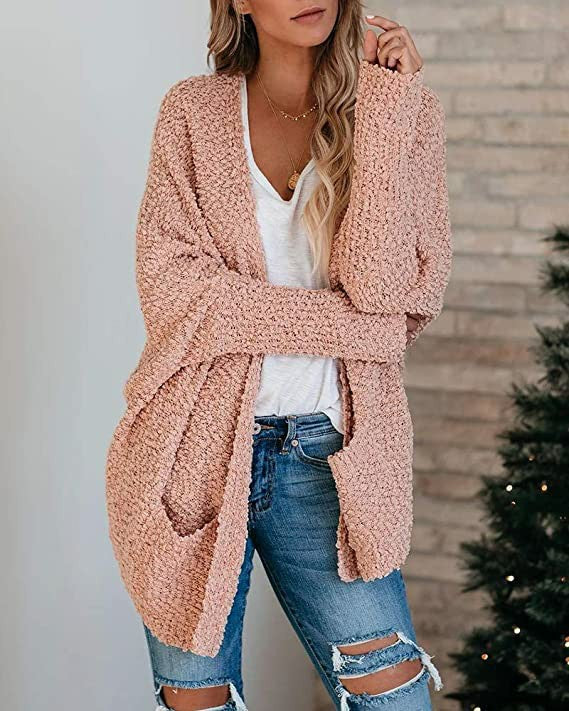 Women's Solid Color Batwing Sleeve Open Front Cardigan, Casual Long Sleeve Outerwear for Fall & Winter, Women's Knit Clothing for Daily Wear