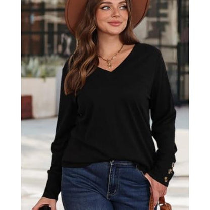 VVZ V Neck Tunic Tops with Button Womenswear Blouse