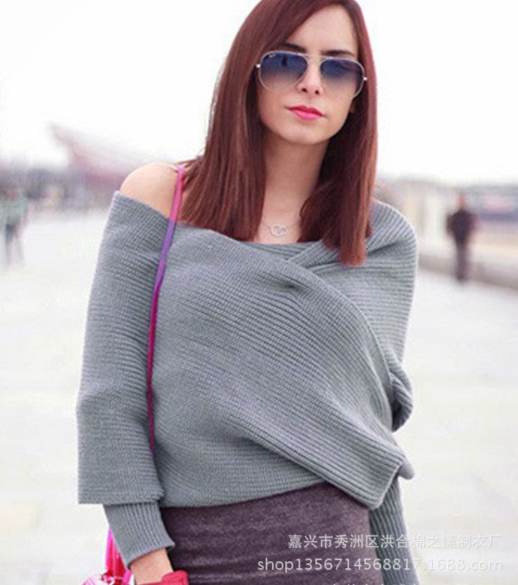 V-Shaped Cross off-Shoulder Knitted Sexy Pullover Sweater Scarf