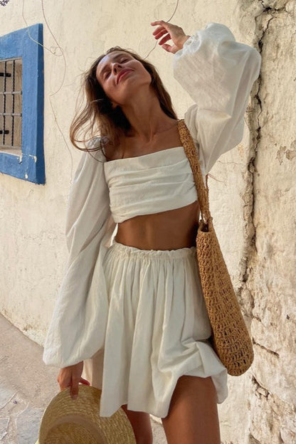 Ensemble jupe taille haute plissée à bandeau et liens