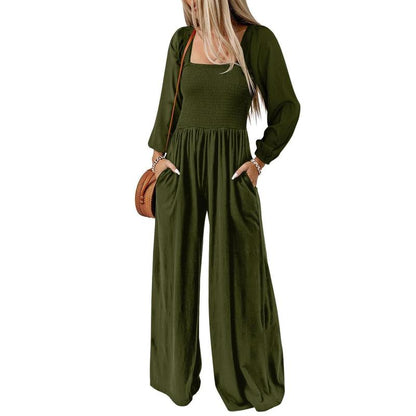 Women's Plain Ruched Shirred Pocket Wide Leg Jumpsuit, Casual Bishop Sleeve Square Neck Jumpsuit for Spring & Fall, Ladies Clothes for Daily Wear