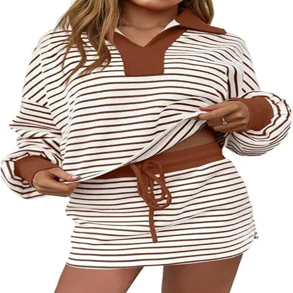 Fisoew Striped 2 Piece Outfits Casual Sweatshirt Skirt Set Long Sleeve Skort Workout Set Matching Lounge Sets Women's Matching Sets Women #Springtok #TikTokShopHolidayHaul #TikTokShopJumpstartSale Fabrics Elastic two piece set Elegance Shorts - Seldom Seen Styles
