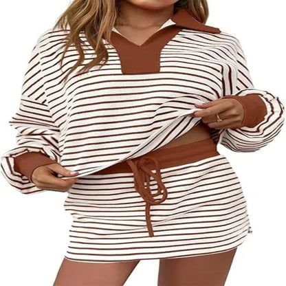 Fisoew Striped 2 Piece Outfits Casual Sweatshirt Skirt Set Long Sleeve Skort Workout Set Matching Lounge Sets Women's Matching Sets Women #Springtok #TikTokShopHolidayHaul #TikTokShopJumpstartSale Fabrics Elastic two piece set Elegance Shorts