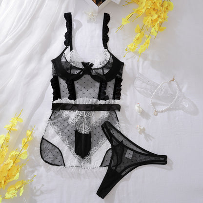 Sexy Color-Block Mesh See-Through Lingerie Hollow Out Backless No-Remove Temptation Erotic Bodysuit with Underwire