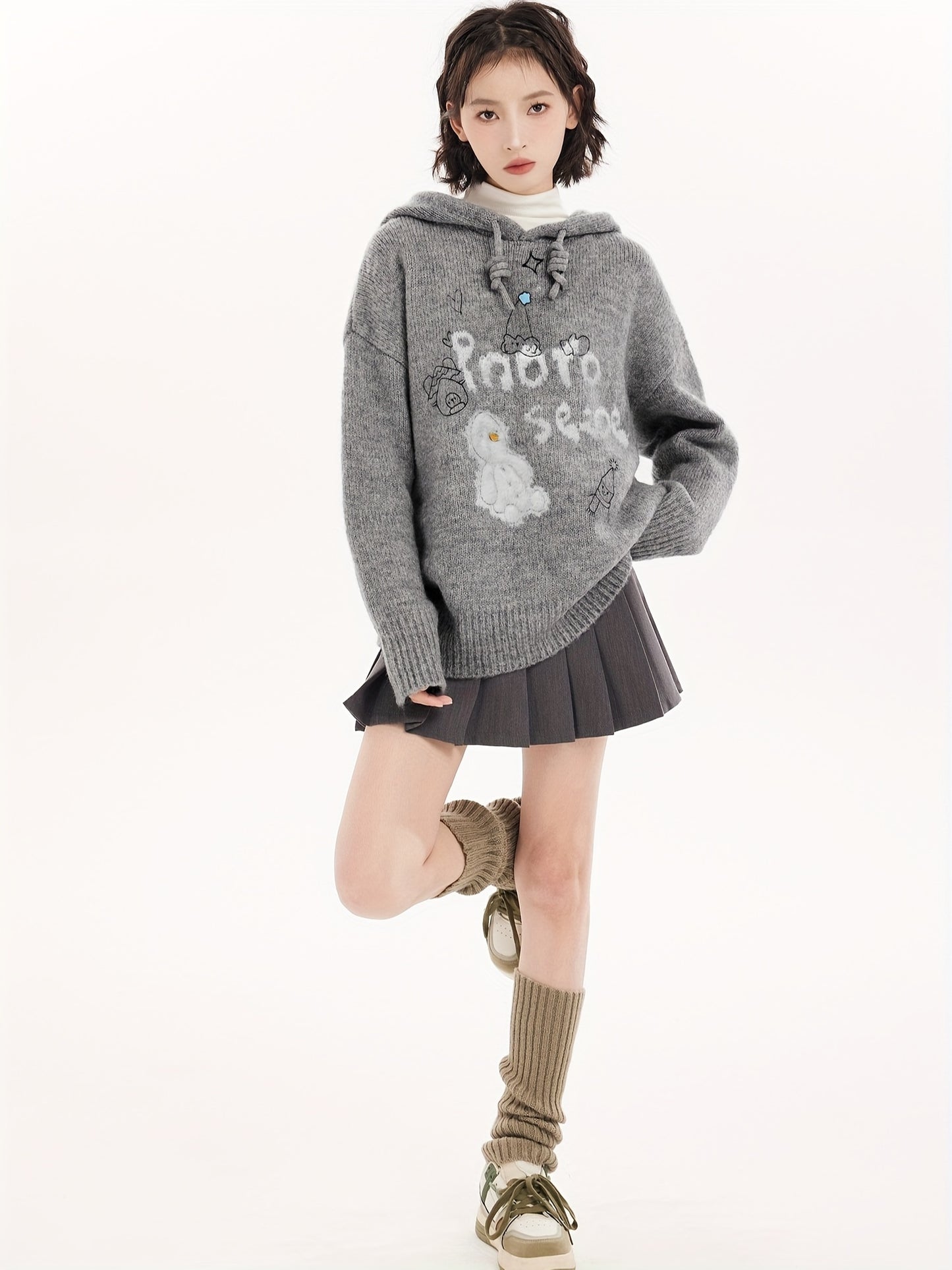 Cozy Gray Hooded Knit Sweater For Women - Cute Cartoon Design, Thick & Warm Pullover For Fall/Winter