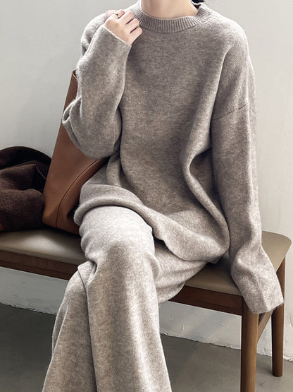 【Plus Size】 Two-Piece Set Solid Mock Neck Drop Shoulder Split Hem Sweater & Straight Leg Pants