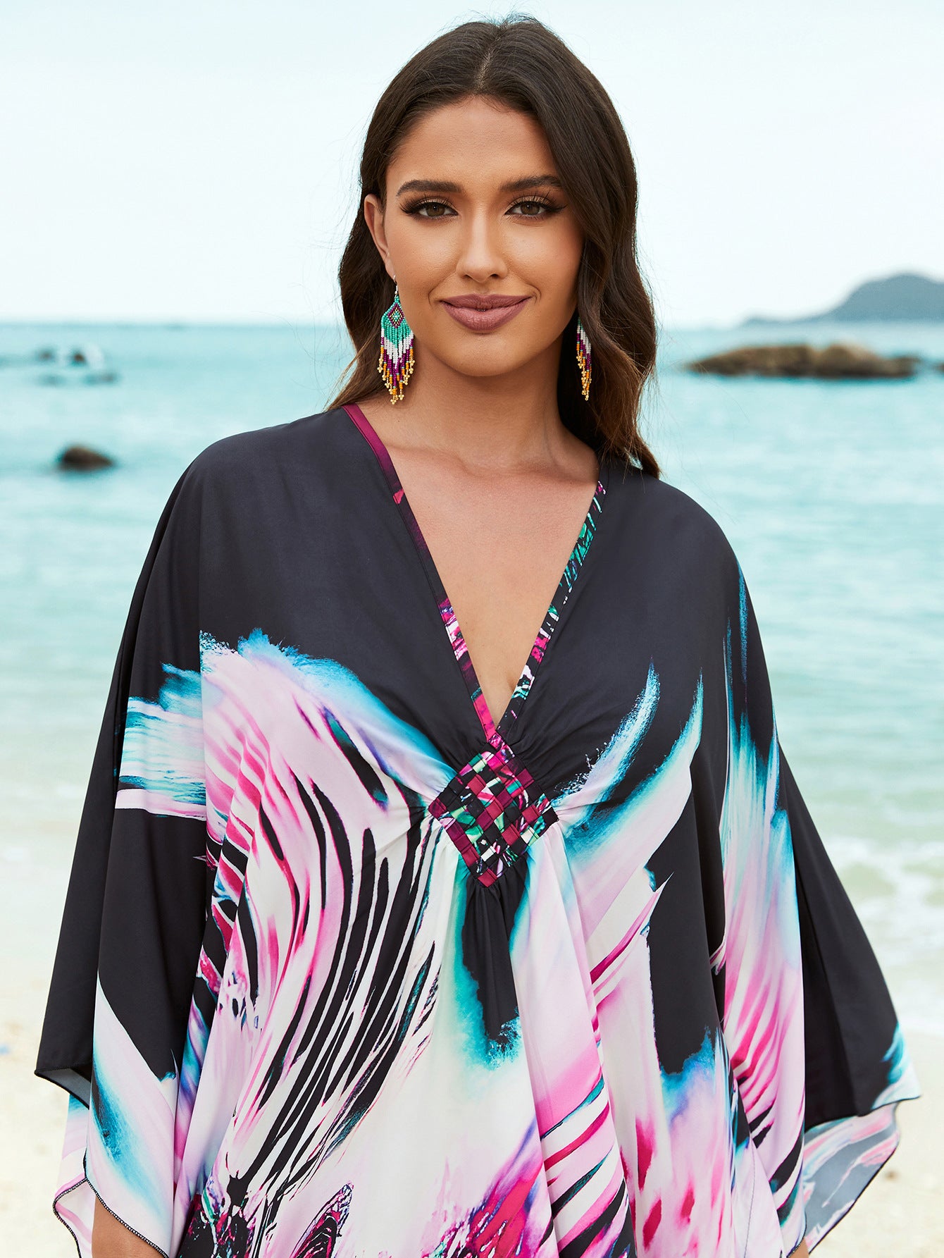 [Plus Size] Butterfly/feather Print Ruched Split Hem Tunic Dress, Valentine's Day Elegant Batwing Sleeve V Neck Long Dress for Summer, Casual Womenswear, Gift, Homecoming Dresses, Women's Clothes for Beach Holiday Vacation, Moo Moo Dresses