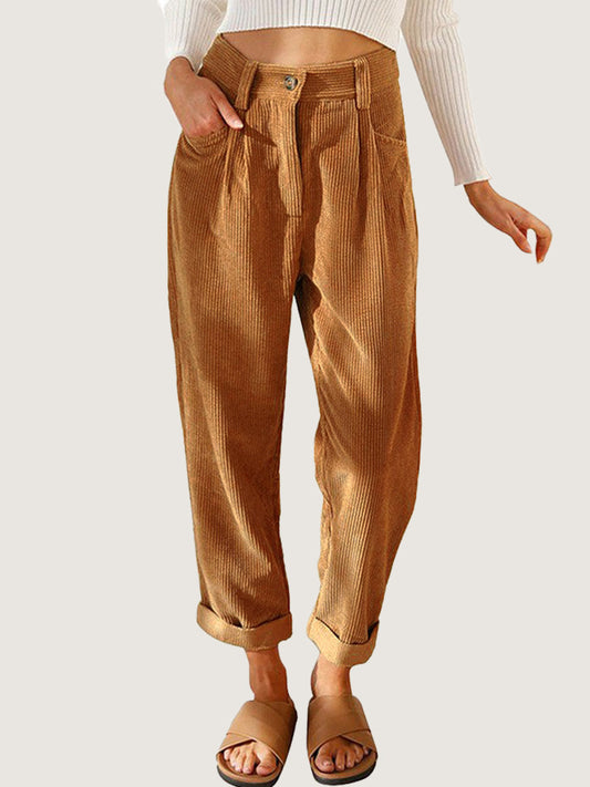 Womens Elastic Waist Straight Leg Corduroy Pants with Pockets, S-2XL - Seldom Seen Styles