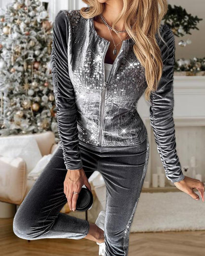 Womens 2 Piece Velvet Tracksuit Outfits Contrast Sequin Ruched Long Sleeve Zip Up Coat Pants Sets Comfort Lounge clothes