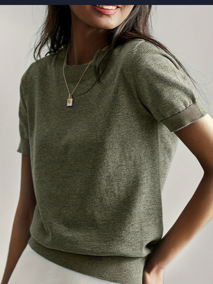 Women's Solid Color Crew Neck Short Sleeve Sweater, Chic Casual Basic Knit Pullover for Spring & Fall, Fashion Women's Knitwear for Daily Wear, Womenswear