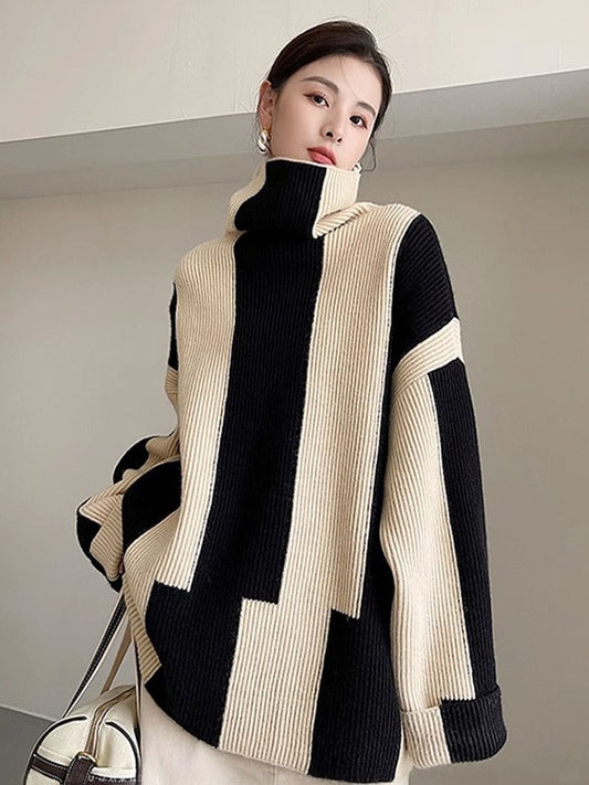 Idle Style Turtleneck Pullover Black and White Striped Sweater Women's Fall and Winter Outer Wear Gentle Soft Glutinous Coat Knitted Top Thick