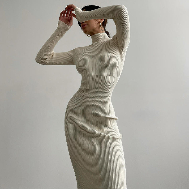 High Collar Mid-Length Sunken Stripe Knitted Dress Women's Solid Color Woolen Tight Sexy2022Autumn and Winter European and American Style Dress