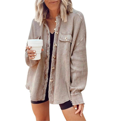 Women's Loose Fit Batwing Sleeve Waffle Knit Button Down Shirt Shacket Tops
