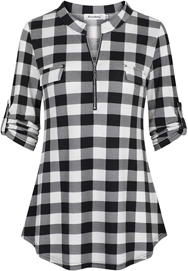 DJT Womens Soft Stretchy Knit Plaid Shirts Roll Up Long Sleeve Collared Button Down Blouses Tops