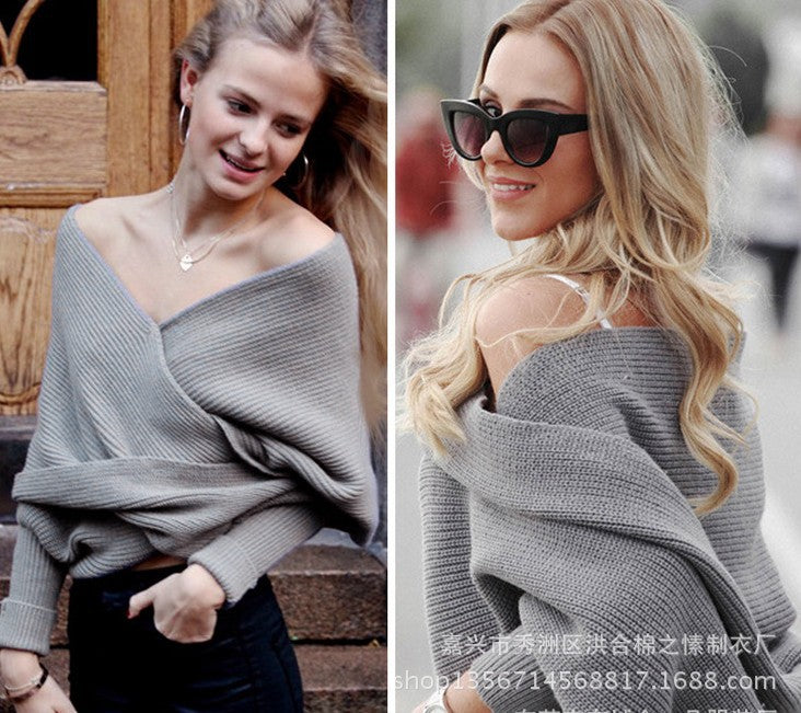 V-Shaped Cross off-Shoulder Knitted Sexy Pullover Sweater Scarf