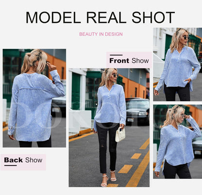 Womens Casual Button V Neck Long Sleeve Shirts Oversized Solid Blouses Tops